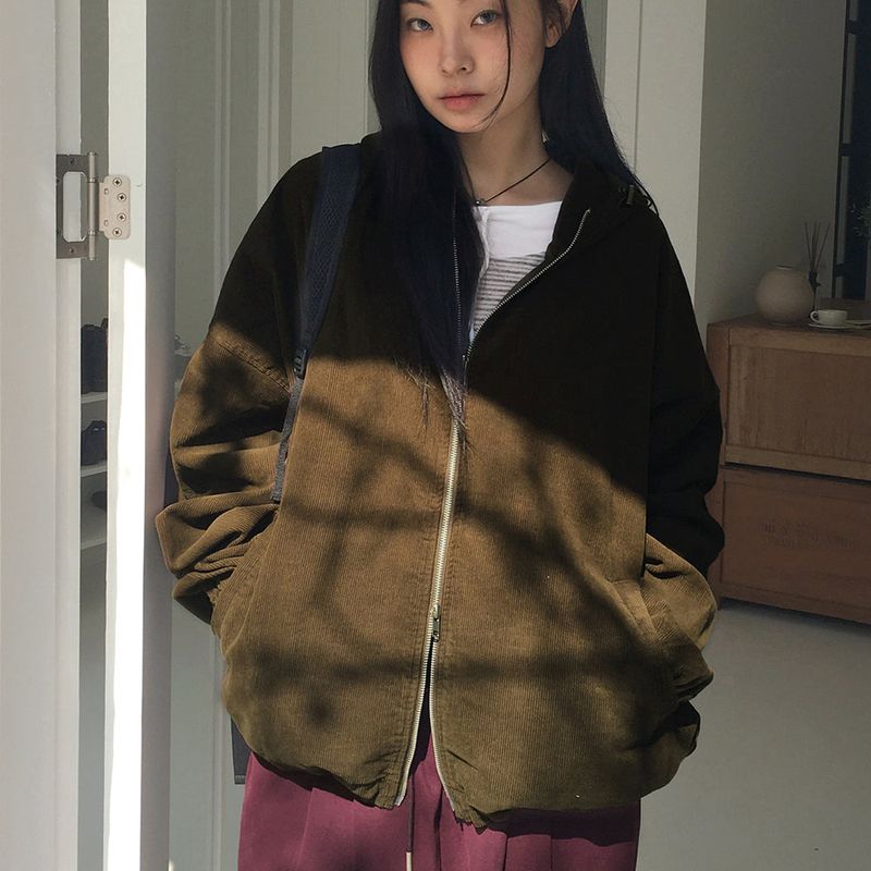 Sithern Corduroy Two-Way Hooded Zip-Up Jacket