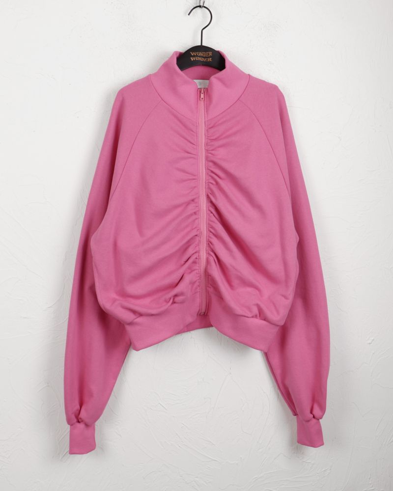 Fringe shirring pleated high neck zip-up