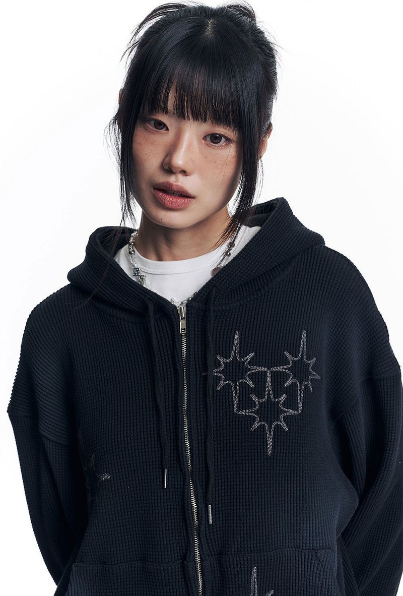 Washed Star Waffle Hooded Zip-Up - Black