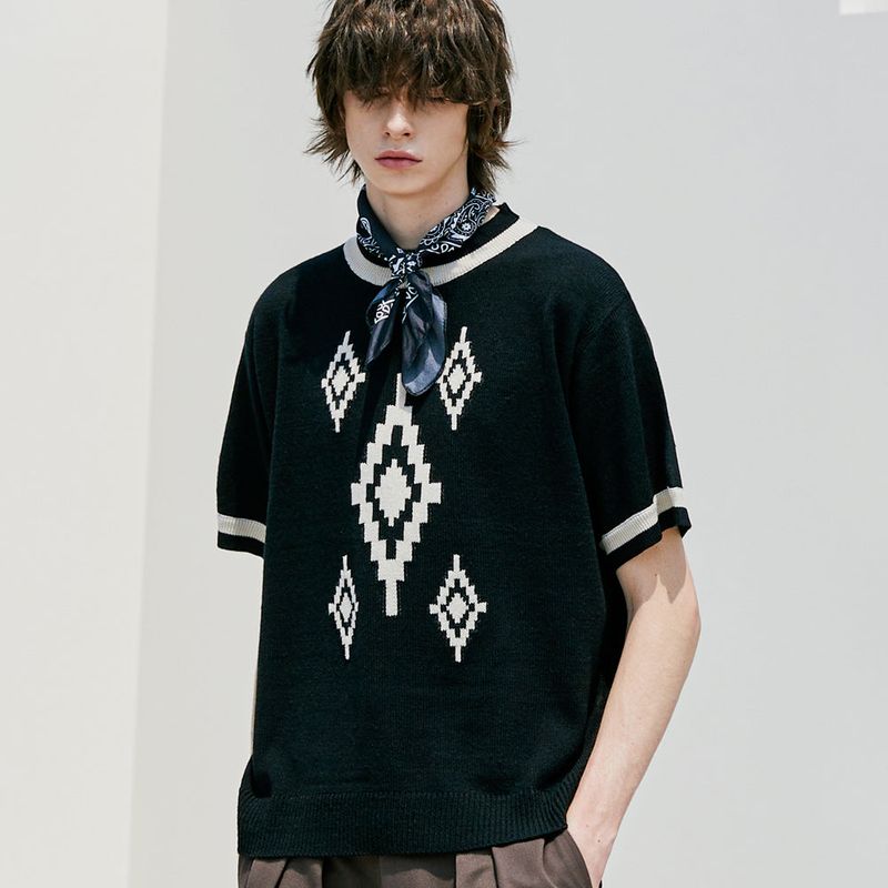 KND（ケイエンド）の「NAVAJO PATTERN RINGER HALF KNIT BLACK（Tops）」