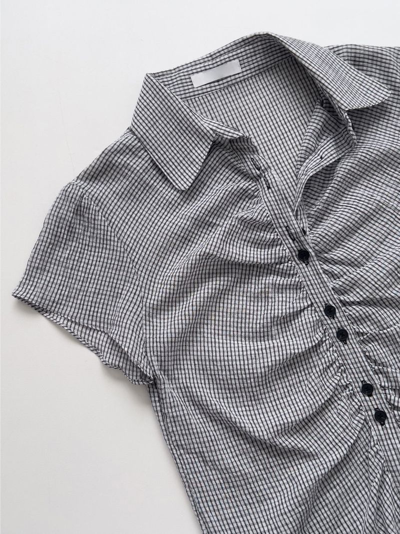 Check Shirred Short Sleeve Blouse