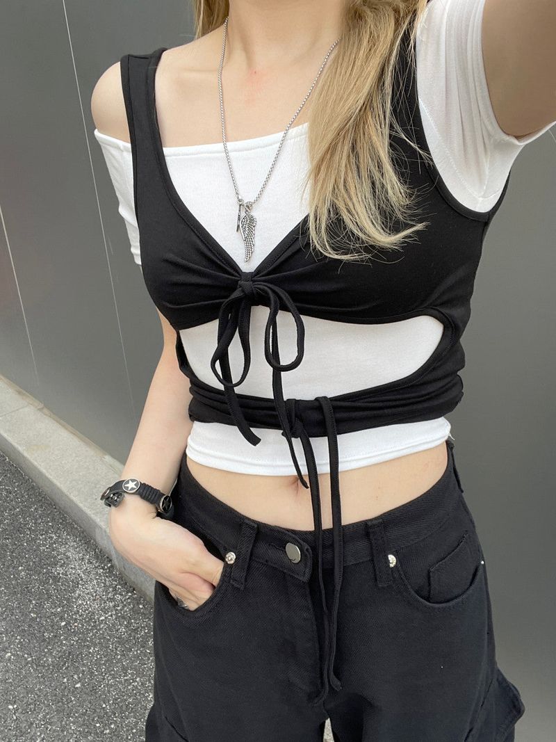 Layered Strap Hole Ribbon Top