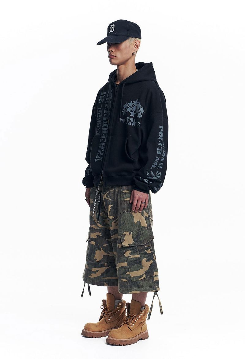 Marine Crack Print Hooded Zip-Up - Black