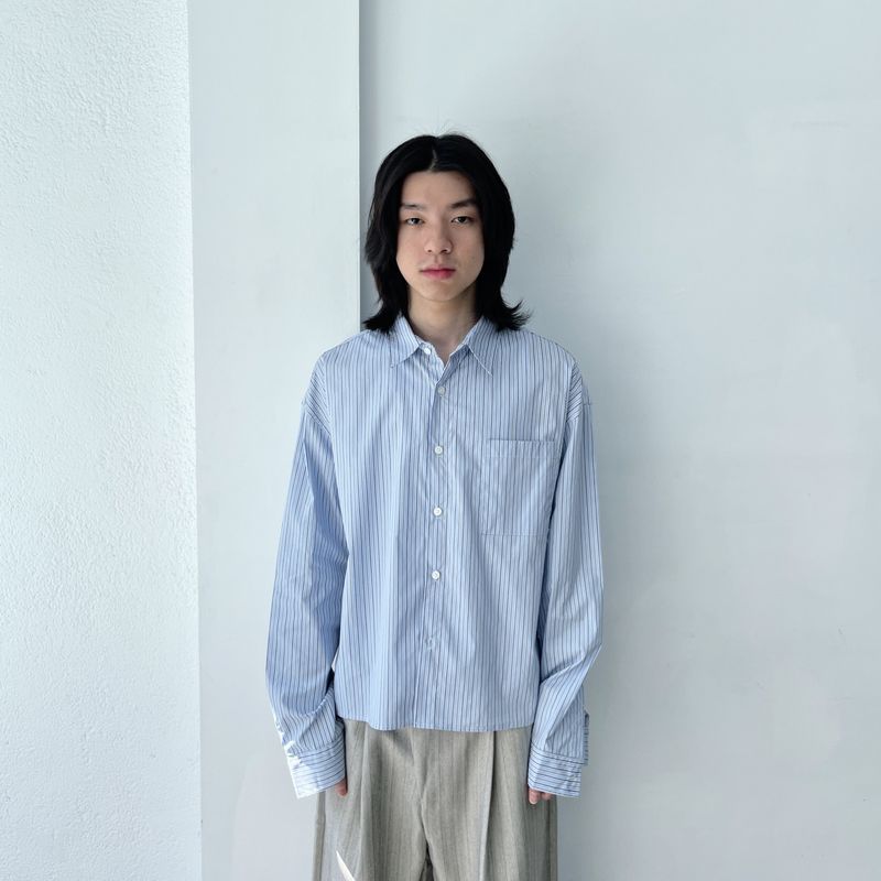 FADE MEET（フェードミート）の「Striped Refreshing Textured Single Pocket Boxy Long Sleeve Shirt（Tops）」