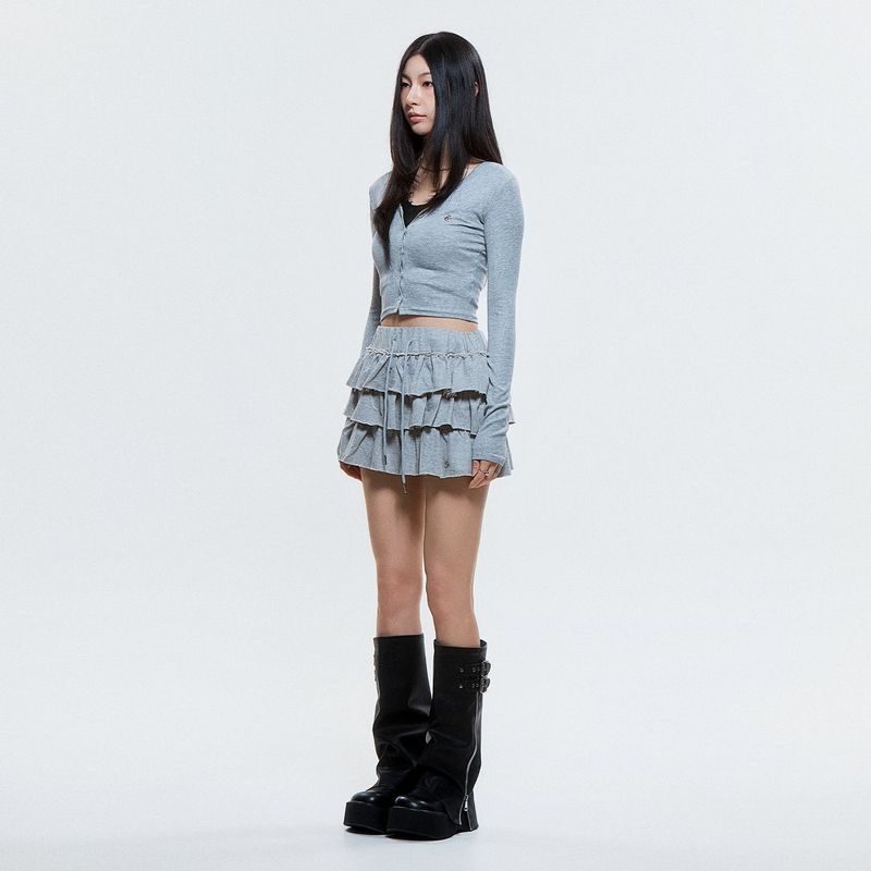 (DUC) V-Neck Crop Cardigan Gray