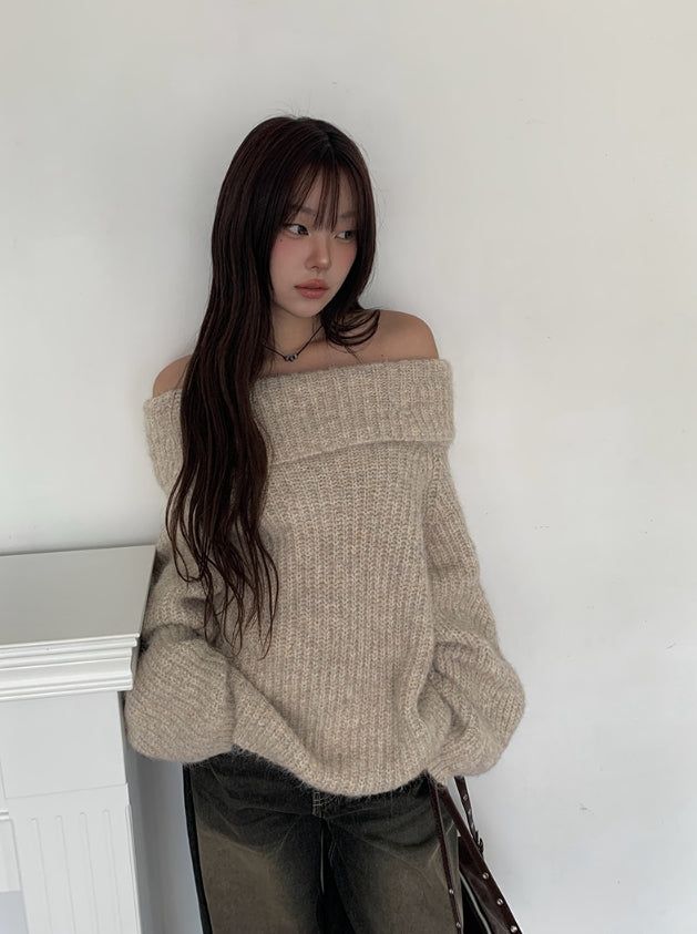 [Scrunchie Set] Nora Off-Shoulder Loose Knit