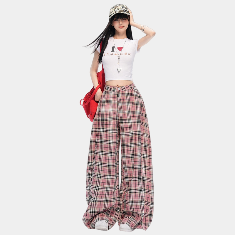 La mode MAQI（ラ モード マキ）の「ピンクチェック ワイドレッグストレートパンツ（パンツ）」