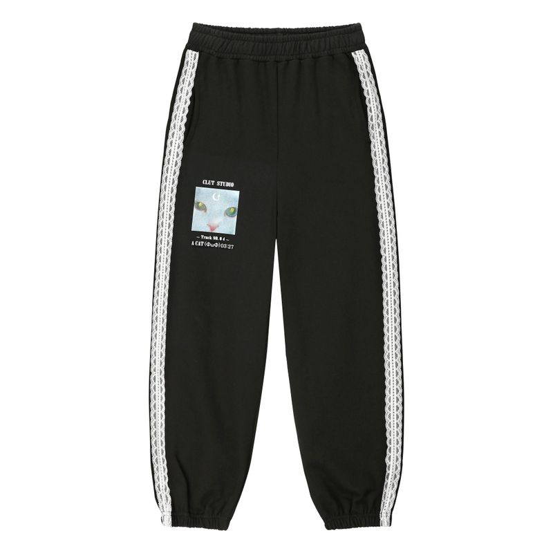 Lace Cat Jogger Pants - BLACK