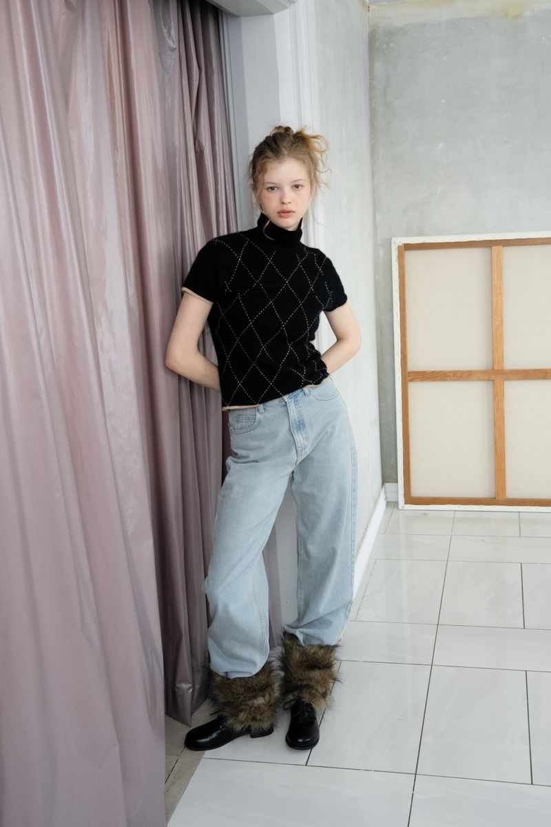 Argyle turtleneck half knit_black
