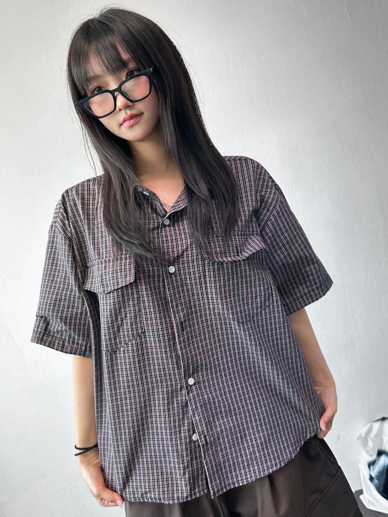 Cake Check Button Collar Short Sleeve Shirt 2 COLORS