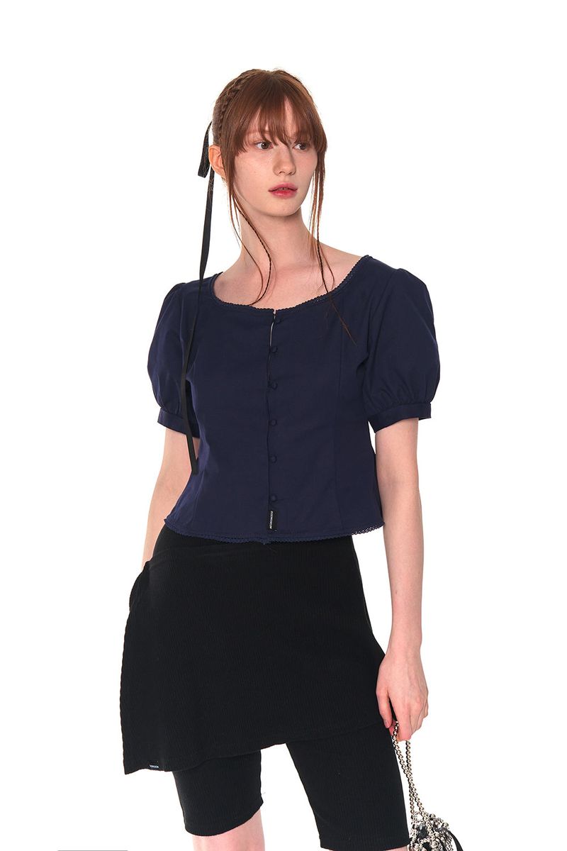 PUFF BUTTON BLOUSE (NAVY)
