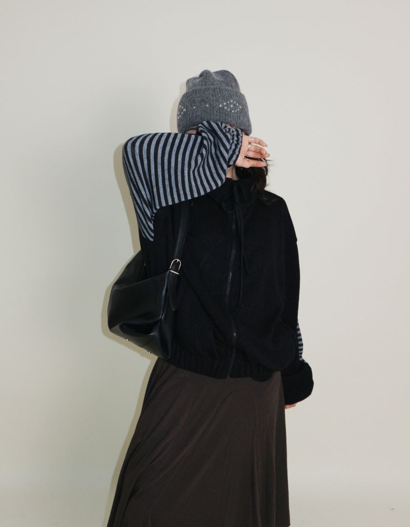 Hakata Stripe Coloring String Knitwear Zip-Up