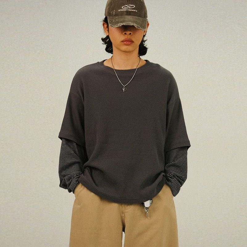 SEMIKAJI(セミカジ)の「SO Waffle Stripe Layered Long Sleeves(Tops)」