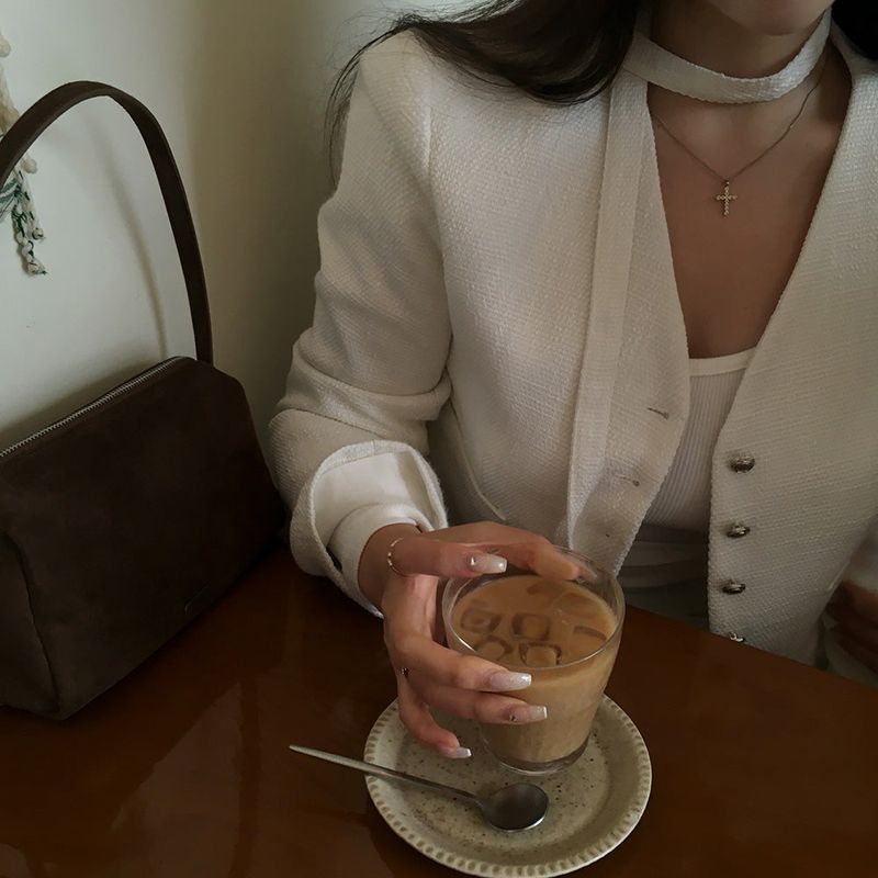 No-Collar Tweed Jacket with Tie Set
