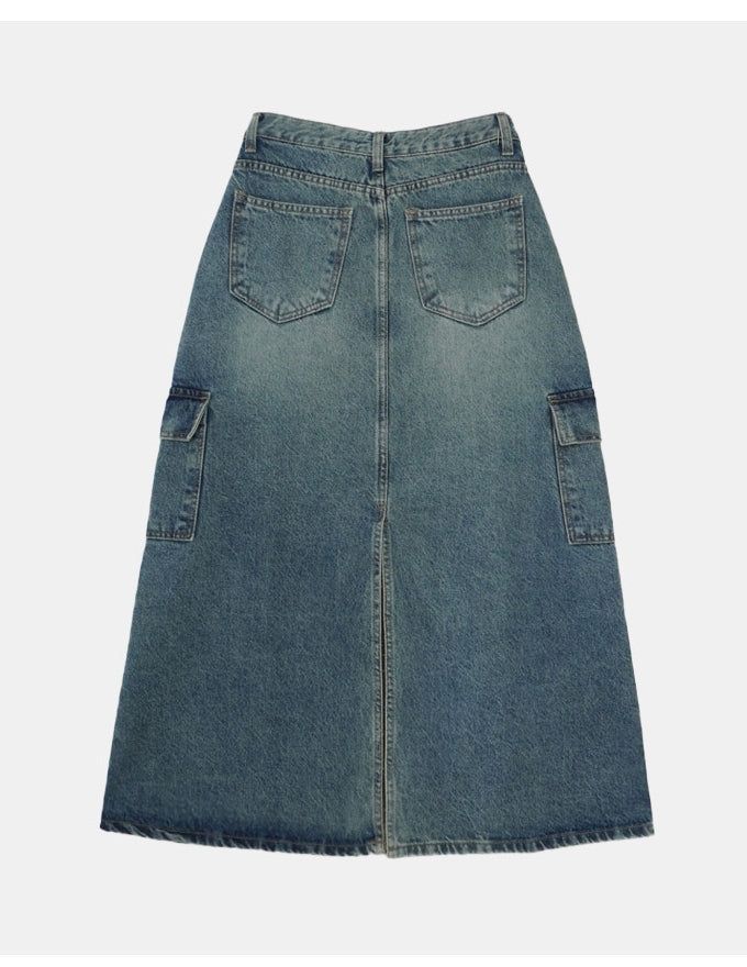 Back Slit Cargo Denim Long Skirt