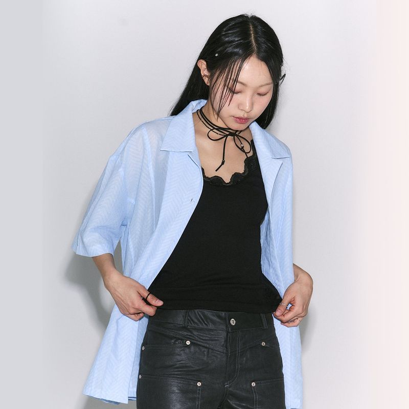 Herringbone Open Collar Shirt sky blue