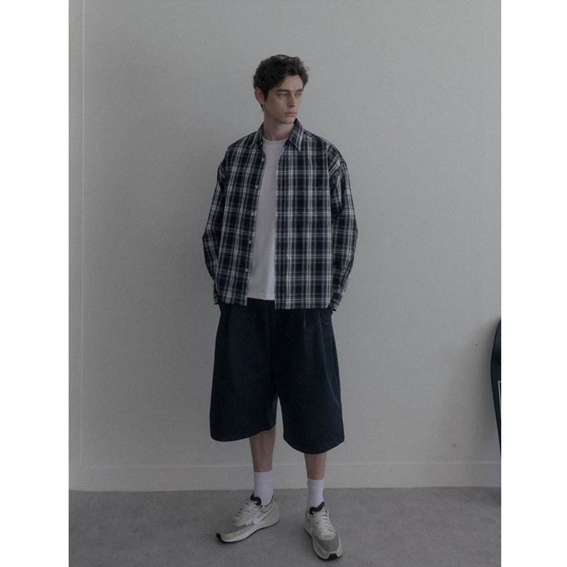 Vintage Washing gray blue check shirts