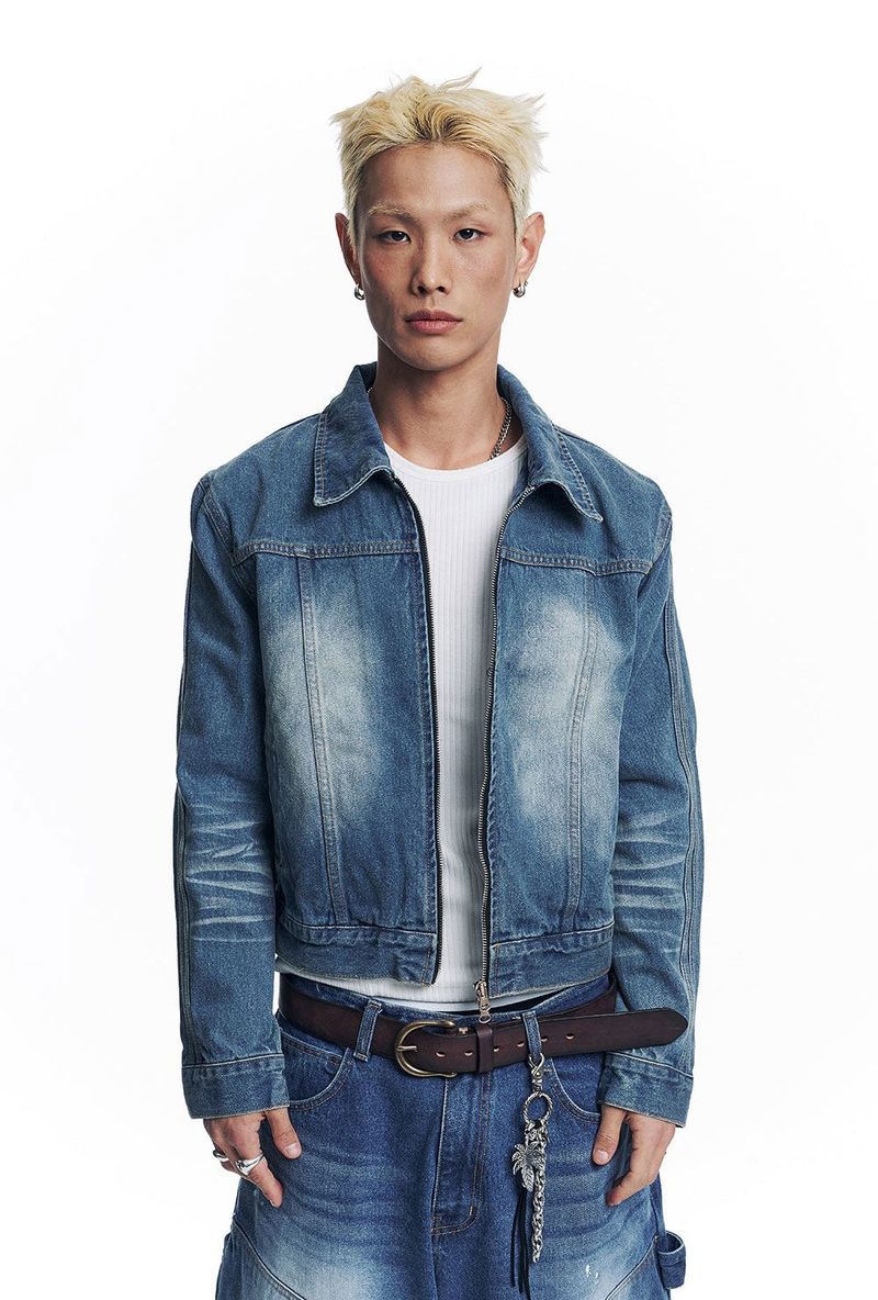 Washed Crop Track Denim Jacket - Deep Blue