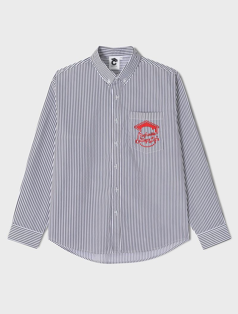 CONCEPT COLLEGE（コンセプトカレッジ）の「インフィニットカレッジロゴワンポケットストライプシャツ / ブラック-ホワイト [Unisex]（トップス）」