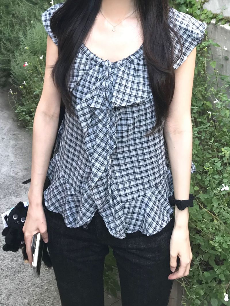 Checked frill blouse (2 colors)