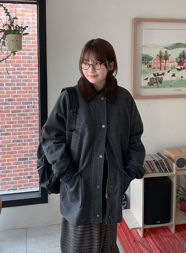 Endet Corduroy Collar Quilted Half Coat