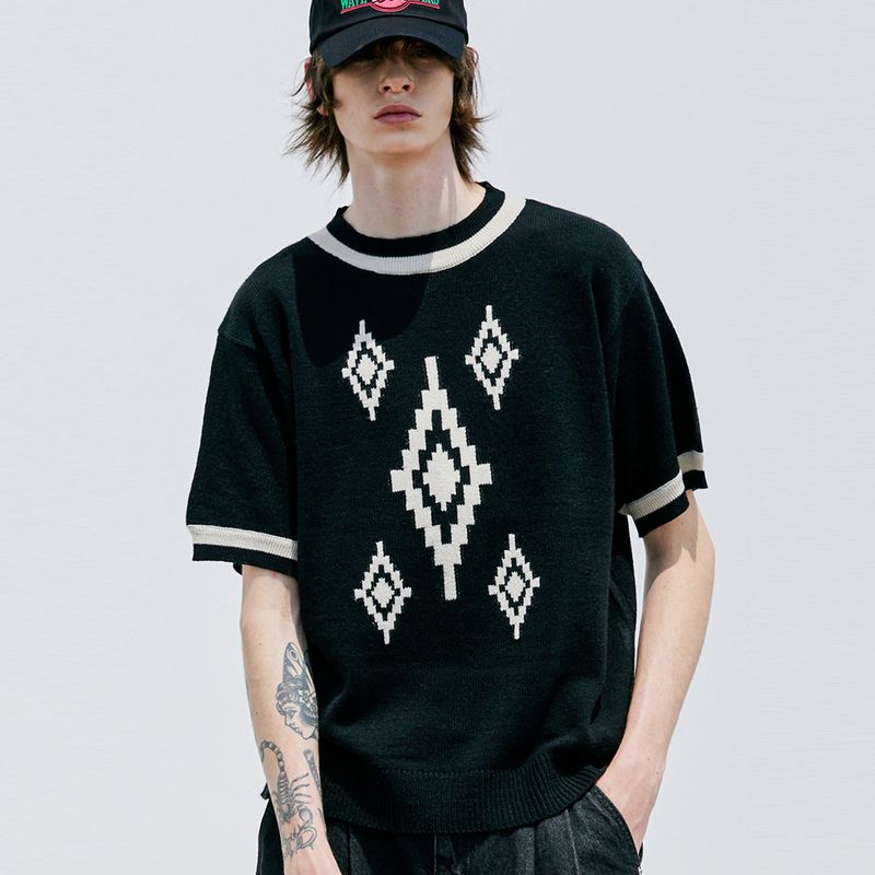 NAVAJO PATTERN RINGER HALF KNIT BLACK