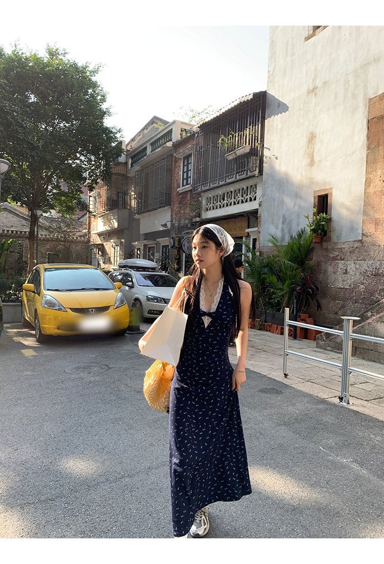 Navy Halterneck Flower Long Dress