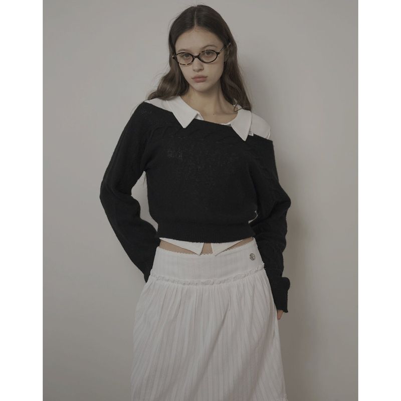 CABLE BOAT NECK KNIT-BLACK
