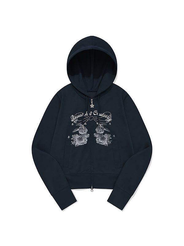 KIRSH（キルシー）の「WITTY BUNNY BOUQUET GIRL CROP HOODIE ZIP UP [DARK NAVY]（Tops）」