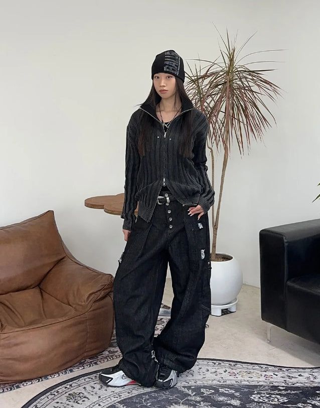 Terry Pigment Ribbed Knit Zip-Up