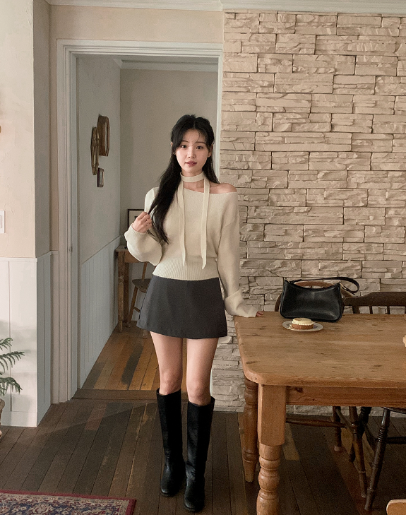 PV One Shoulder Knit + Tie Set (6color)