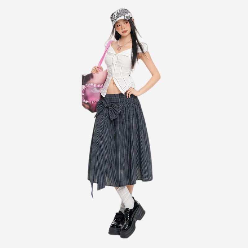 La mode MAQI（ラ モード マキ）の「ネイビープレイドボウAラインミディスカート（スカート）」