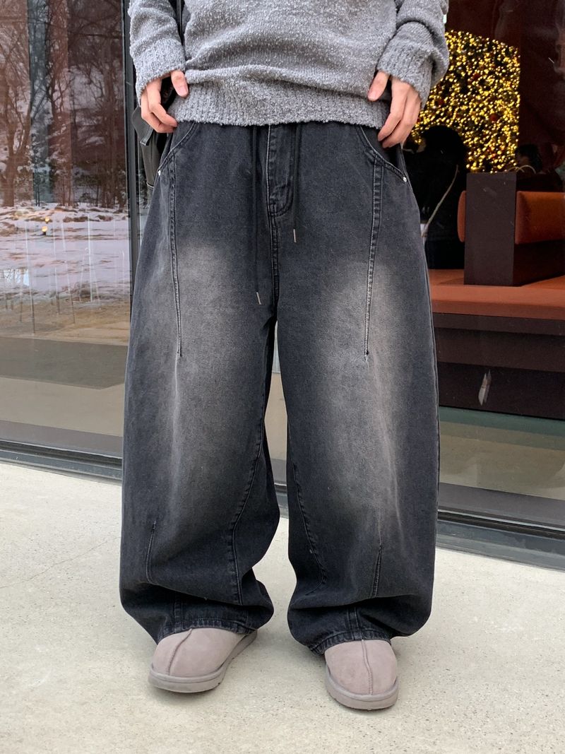 Work vintage patch banding denim pants