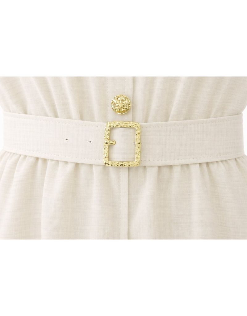 Haren Linen Collar Button Belt Flare Dress Ivory Short VER