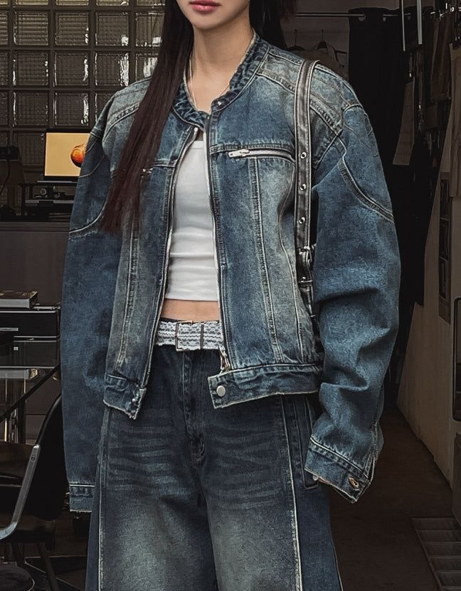 Ocean Washing Stitch Biker Denim Jacket