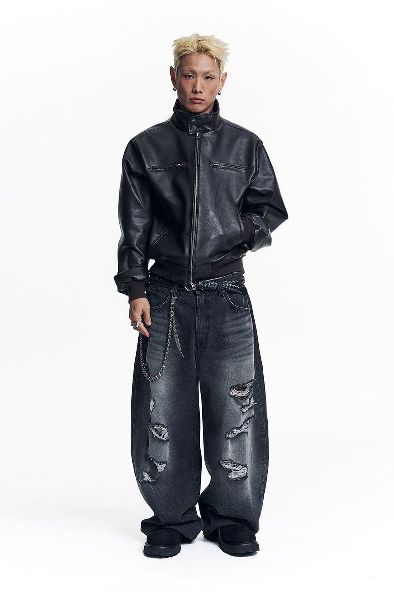 High Neck Leather Crop Jacket - Brown