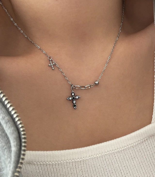 bif black twin cross turquoise stainless steel double ball short long layered gemstone necklace