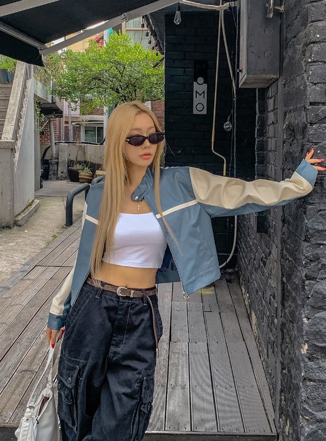 Peer One Track Crop Leather Jacket