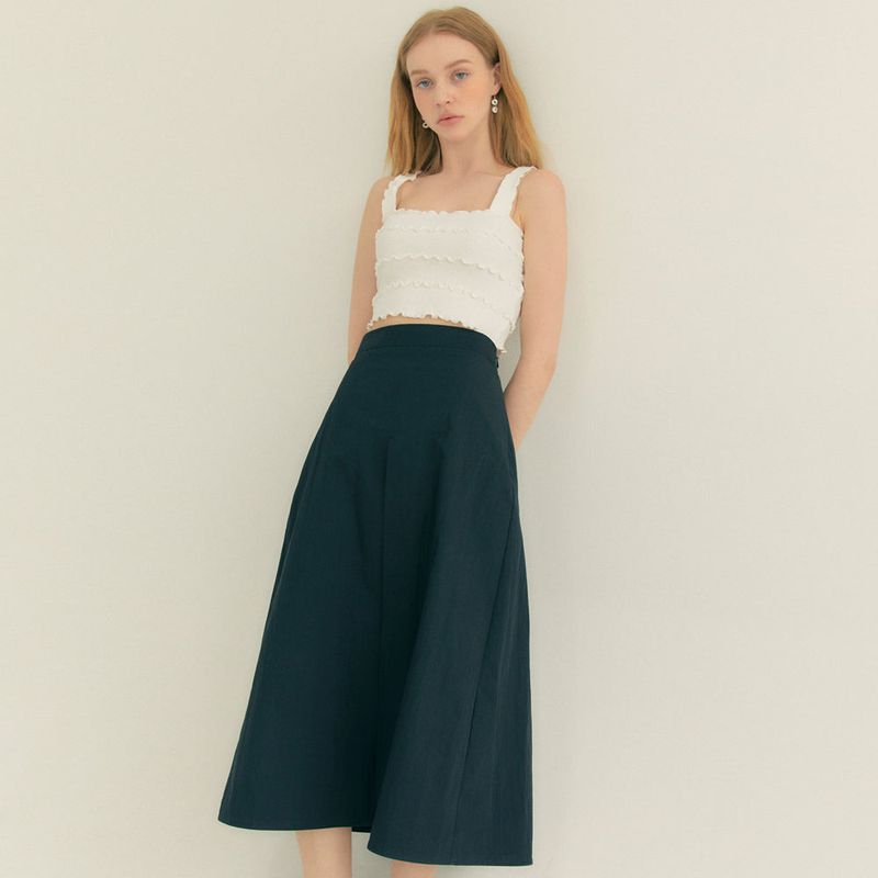 Cotton Pleats A-Line Long Skirt (Black)