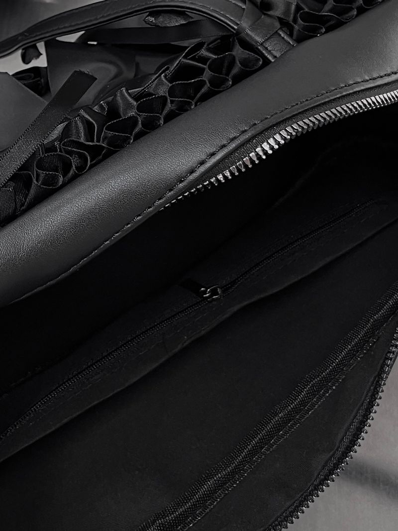 black leather ribbon bag