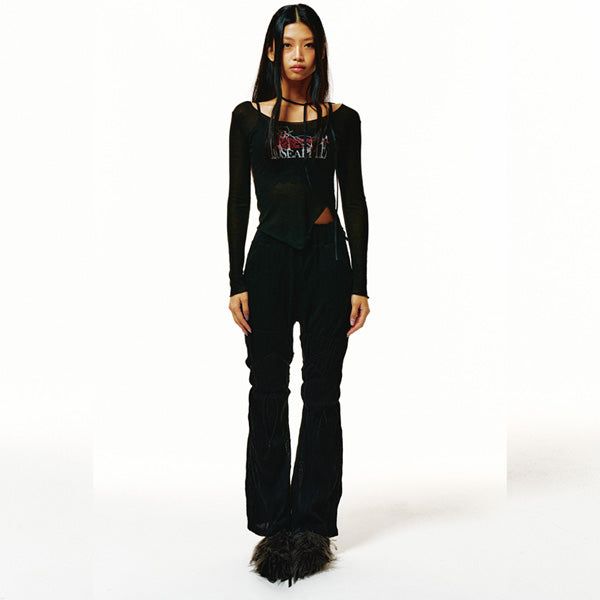 221-WAVE KNIT RIBBON BOOT CUT PANTS