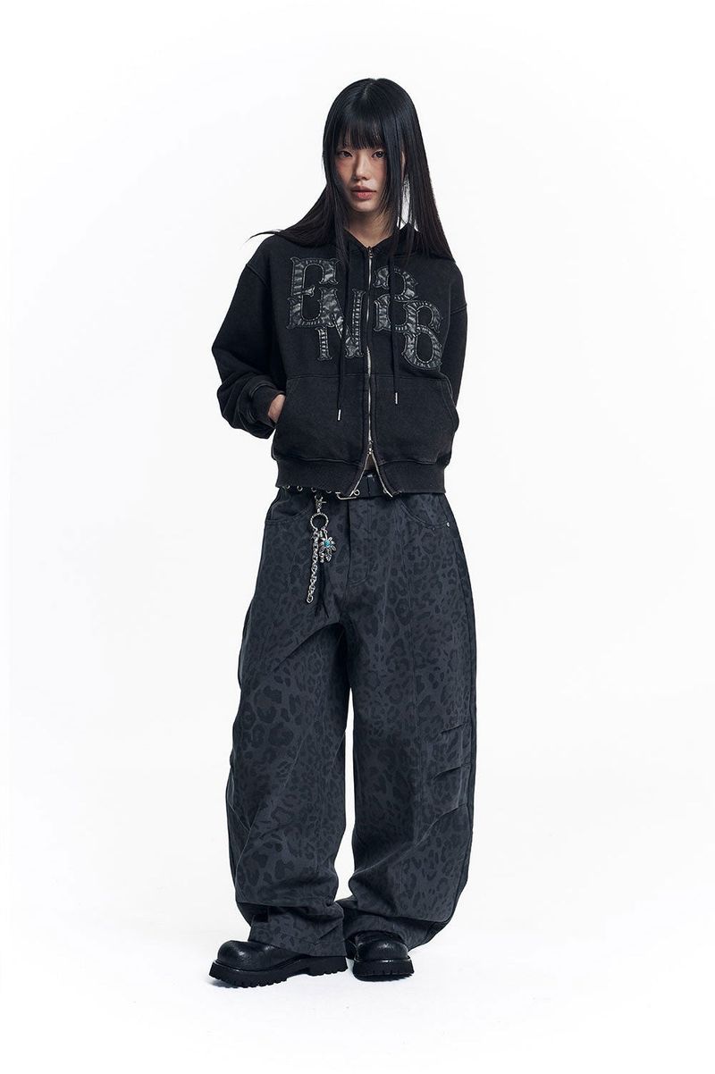 Curved Leopard Pants - Charcoal