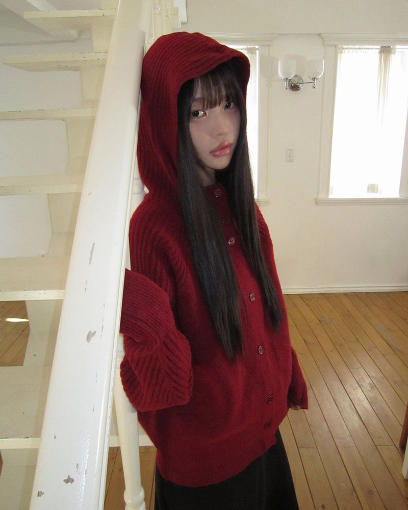 Sihan High-neck Angora hooded knit cardigan