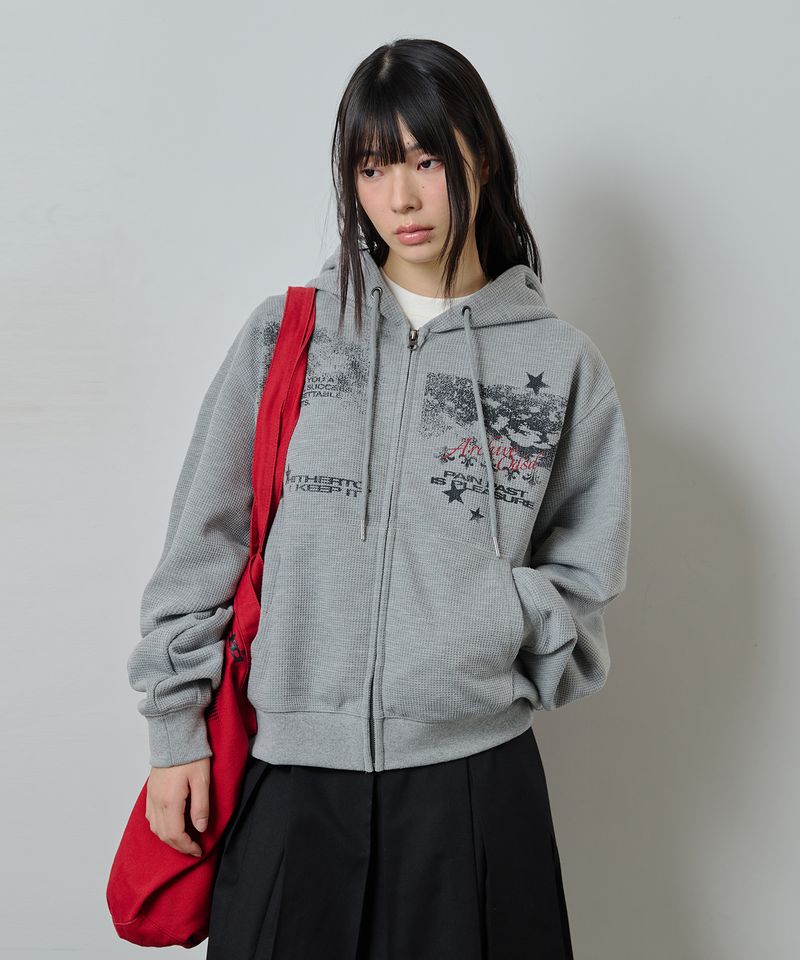 ODDSTUDIO（オッドスタジオ）の「Pain Past Graffiti Waffle Hoodie Zip-up - MELANGE GRAY（Tops）」