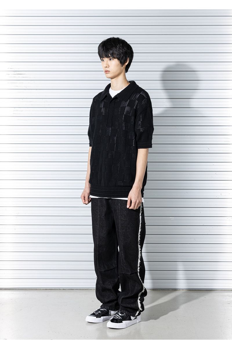CHECKERBOARD MESHED KNIT HALF SHIRTS