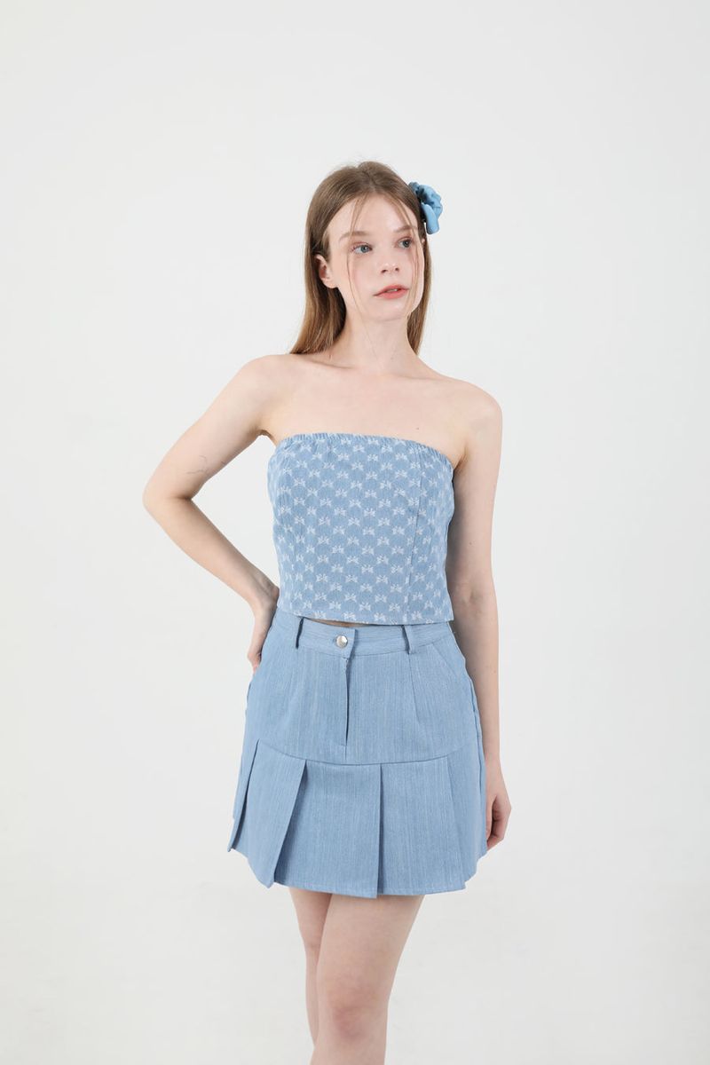 Denim Ribbon Crop Top Light Blue