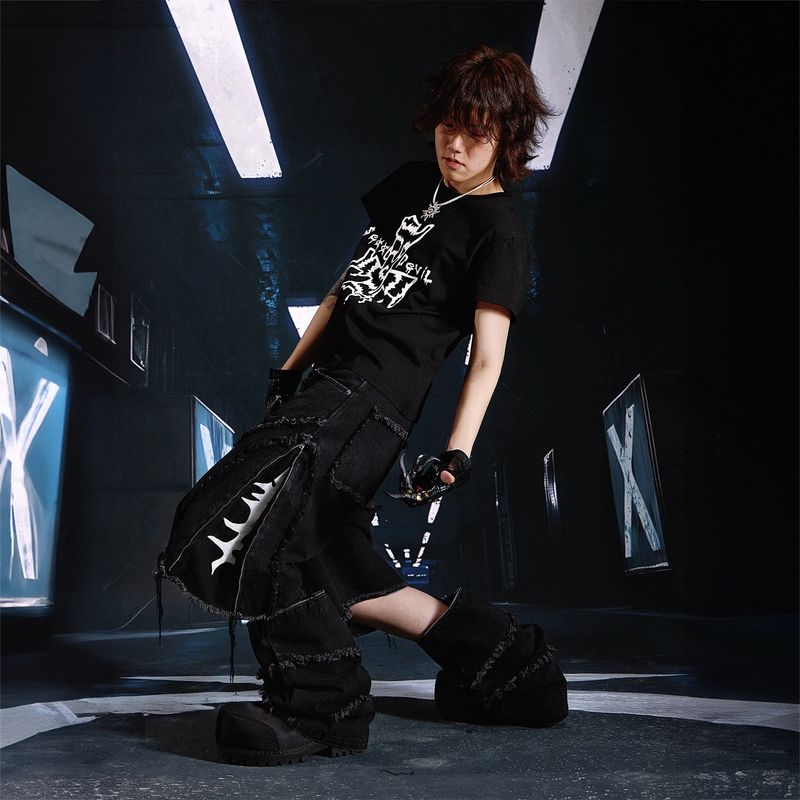 SEXXDEVIL Detachable 2-in-1 washed raw-edge jeans