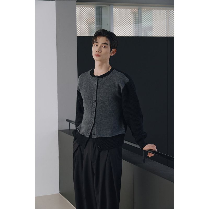 Layered wool knit cardigan(Black)