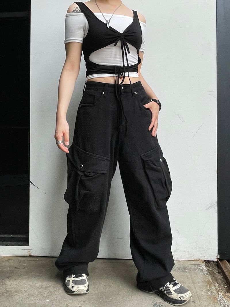 Layered Strap Hole Ribbon Top