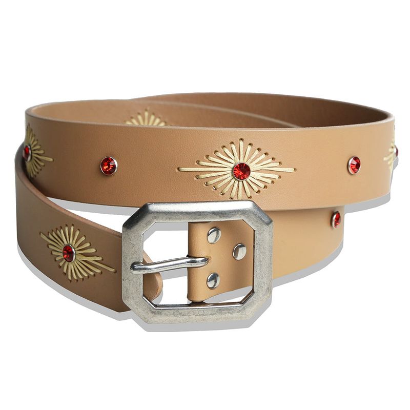 crystal stud & wax thread leather belt beige